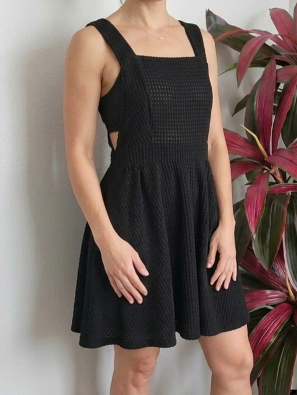 SHEIN Black Waffle Textured Open Knit Cross Back Mini Dress Size S